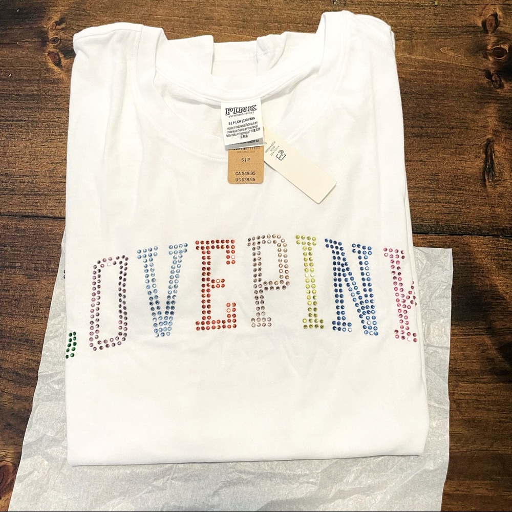 LOVE PINK Logo in Rainbow Rhinestones Perfect T-Shirt- Colorful Rainbow Letters